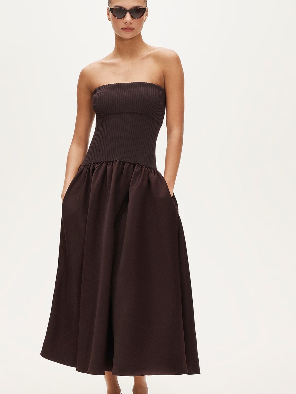 J. Crew Strapless Ribbed Bodice Midi Dress in Brown